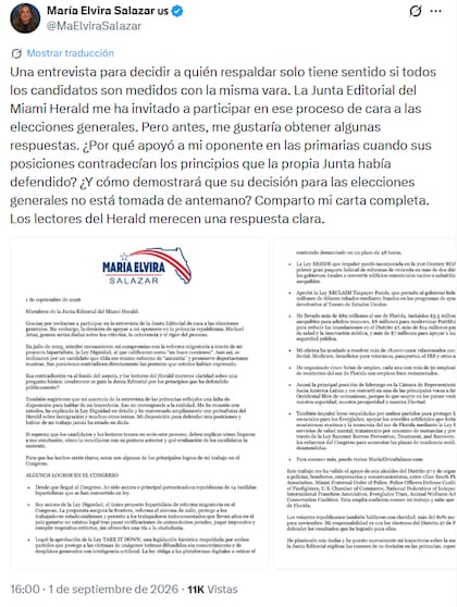 María Elvira Salazar desistió de participar en una entrevista coordinada por The Miami Herald tras afirmar que "todos los candidatos se deben evaluar con la misma vara"