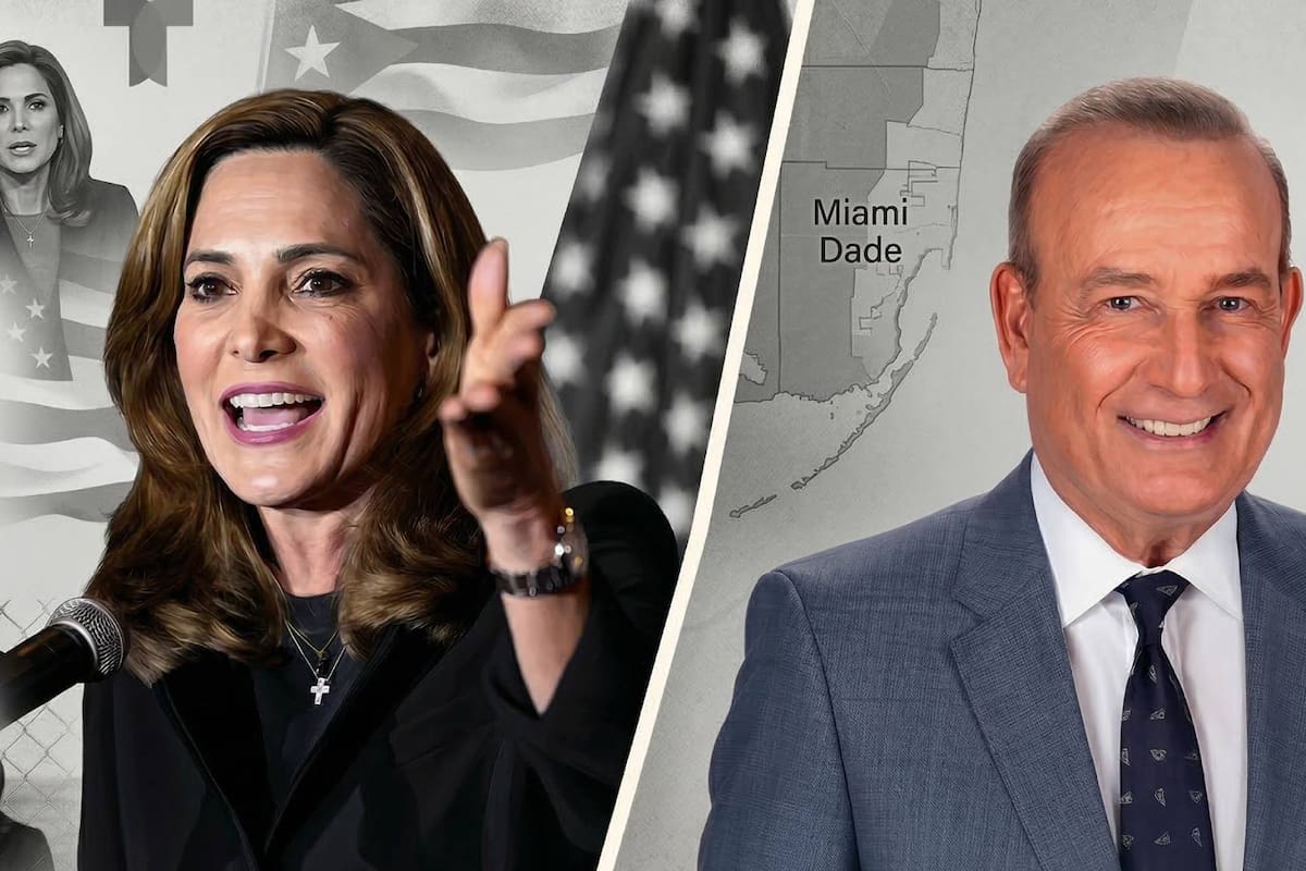 María Elvira Salazar (Partido Republicano) y Elliot Rodriguez (Partido Demócrata) pueden llegar a enfrentarse por la banca del Distrito 27 de Florida (fotomontaje generado con IA)