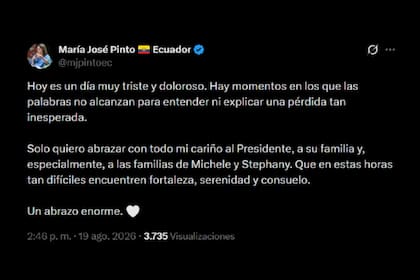 María José Pinto, vicepresidenta de Ecuador, lamentó la muerte del Jefe de Inteligencia y su esposa