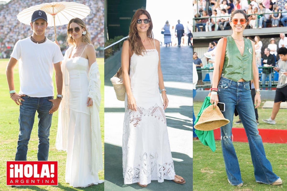 María Vázquez es la "primera dama" del polo. Acompañada por su hijo Poroto, que consiguió subir a 9 goles de handicap, alentó a su marido, Adolfo Cambiaso, con un sensual solero de El Camarín, la marca que todos los años la acompaña para la misma ocasión. Centro: Juliana Awada también apostó por el blanco total. Deslumbró con un vestido con apliques de encaje antiguo también de El Camarín. Lo complementó con sandalias de su cápsula para De María y bolso de rafia de Céline. Derecha: Victoria Aldanondo, la novia de Polito Pieres (salen desde 2019), optó por un equipo de chaleco con cola de Rocío G en el color distintivo de La Natividad (también llevó un pañuelo, uñas y trenza a tono), jeans y espadrilles.
