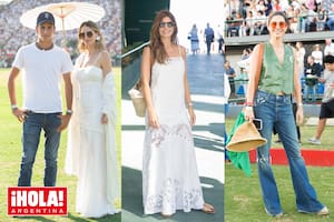 María Vázquez es la "primera dama" del polo. Acompañada por su hijo Poroto, que consiguió subir a 9 goles de handicap, alentó a su marido, Adolfo Cambiaso, con un sensual solero de El Camarín, la marca que todos los años la acompaña para la misma ocasión. Centro: Juliana Awada también apostó por el blanco total. Deslumbró con un vestido con apliques de encaje antiguo también de El Camarín. Lo complementó con sandalias de su cápsula para De María y bolso de rafia de Céline. Derecha: Victoria Aldanondo, la novia de Polito Pieres (salen desde 2019), optó por un equipo de chaleco con cola de Rocío G en el color distintivo de La Natividad (también llevó un pañuelo, uñas y trenza a tono), jeans y espadrilles.