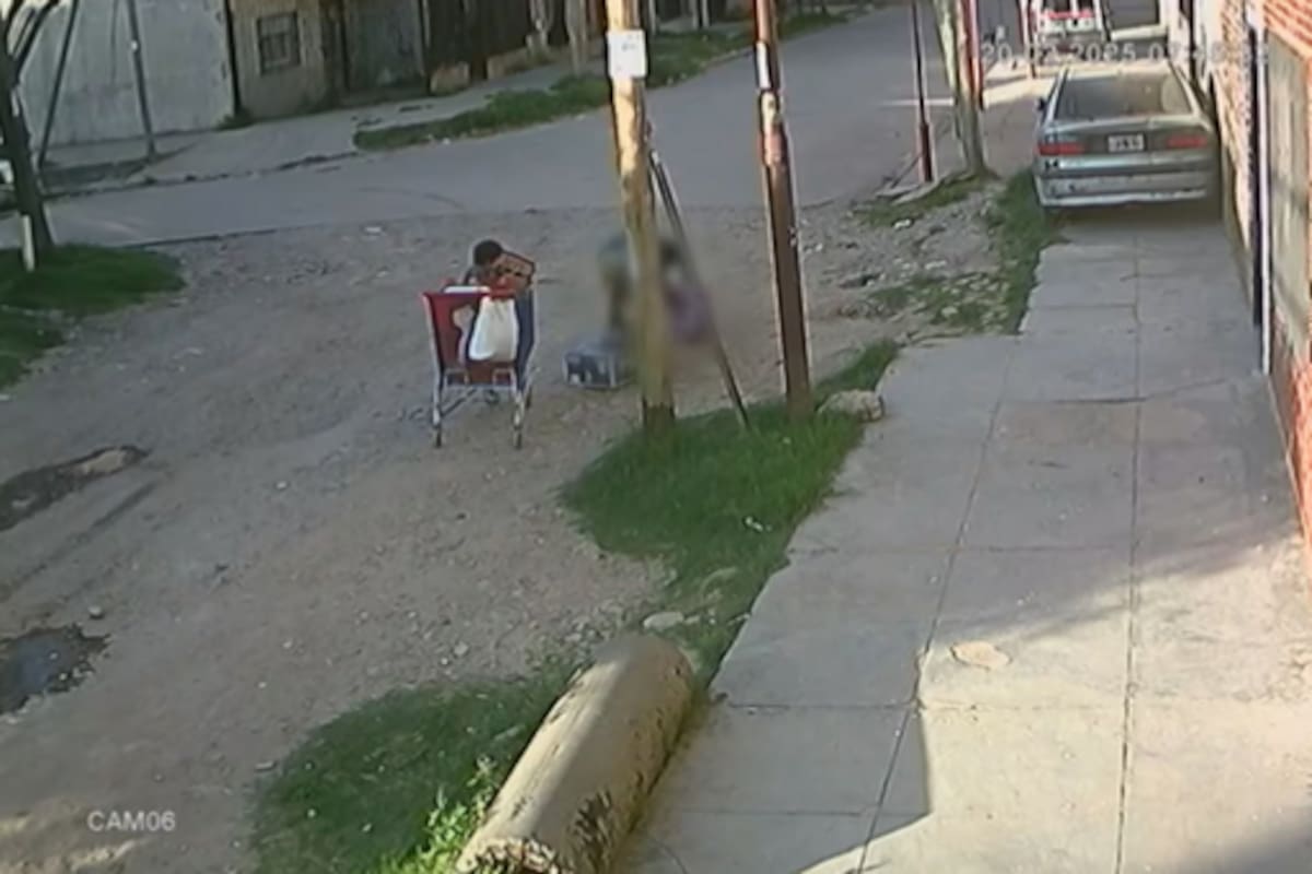Marina esta al suelo siendo golpeada mientras su hijo asiste a la escena en el carrito