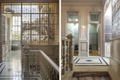 Marina tomó un rosado del vitraux y lo llevó a las paredes del hall con el ‘Likeable Sand’ de Sherwin Williams. Al entrar al comedor, nos encontramos con el 'Svelte Sage' que reproduce el verde del dibujo.