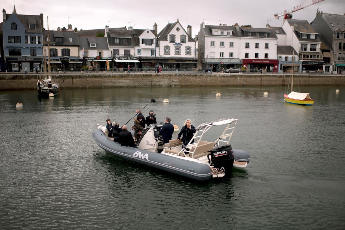 Marine Le Pen, France’s far-right political leader, with journalists in La Trinite-sur-Mer, France, May 6, 2021. For the past four years, Le Pen has been trying to rebuild her credibility following a poor campaign that was marred by an incoherent message and punctuated by a disastrous debate against French President Emmanuel Macron. (Dmitry Kostyukov/The New York Times)