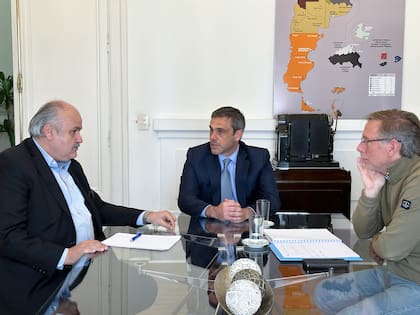 Mario Ravettino, presidente del Consorcio de Exportadores de Carnes Argentinas (ABC), Guillermo Michel, director general de Aduanas y Juan José Bahillo, secretario de Agricultura, reunidos tras la amenaza oficial de cerrar las exportaciones