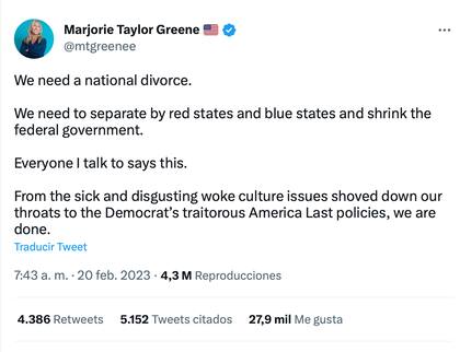 Marjorie Taylor Greene pide un divorcio nacional