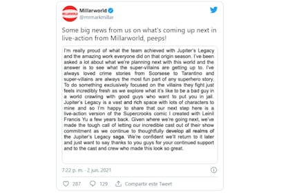 Mark Millar hizo el anuncio a través de su cuenta oficial de Twitter