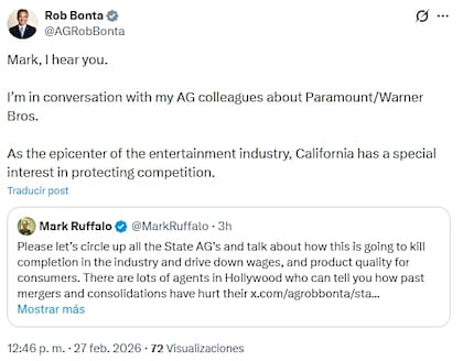 Mark Ruffalo hizo un llamado por la posible fusión de Paramount y Warner Bros que obtuvo respuesta de Bonta