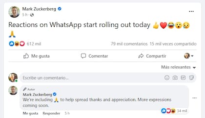 Mark Zuckerberg confirmó que hoy se habilitan las reacciones en WhatsApp