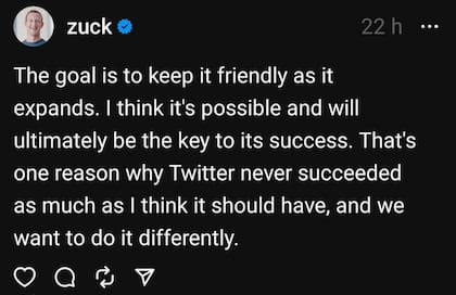 Mark Zuckerberg quiere que Threads se mantenga amigable a medida que crece, algo que, considera, no logró Twitter