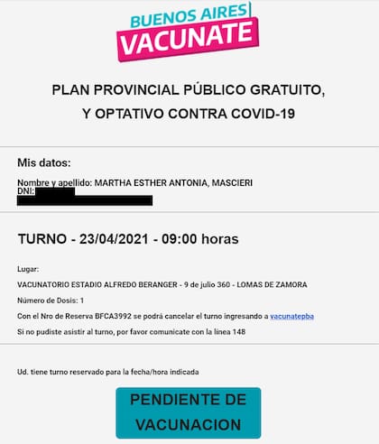 Martha Mascieri murió por coronavirus y, dos meses más tarde, llegó un turno para vacunarla a la casilla de correo de su hija