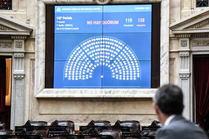 Martín Menem, presidente de la Cámara de Diputados, supervisa en la pantalla la falta de quorum para la sesión convocada por la oposición para debatir una actualización de las jubilaciones