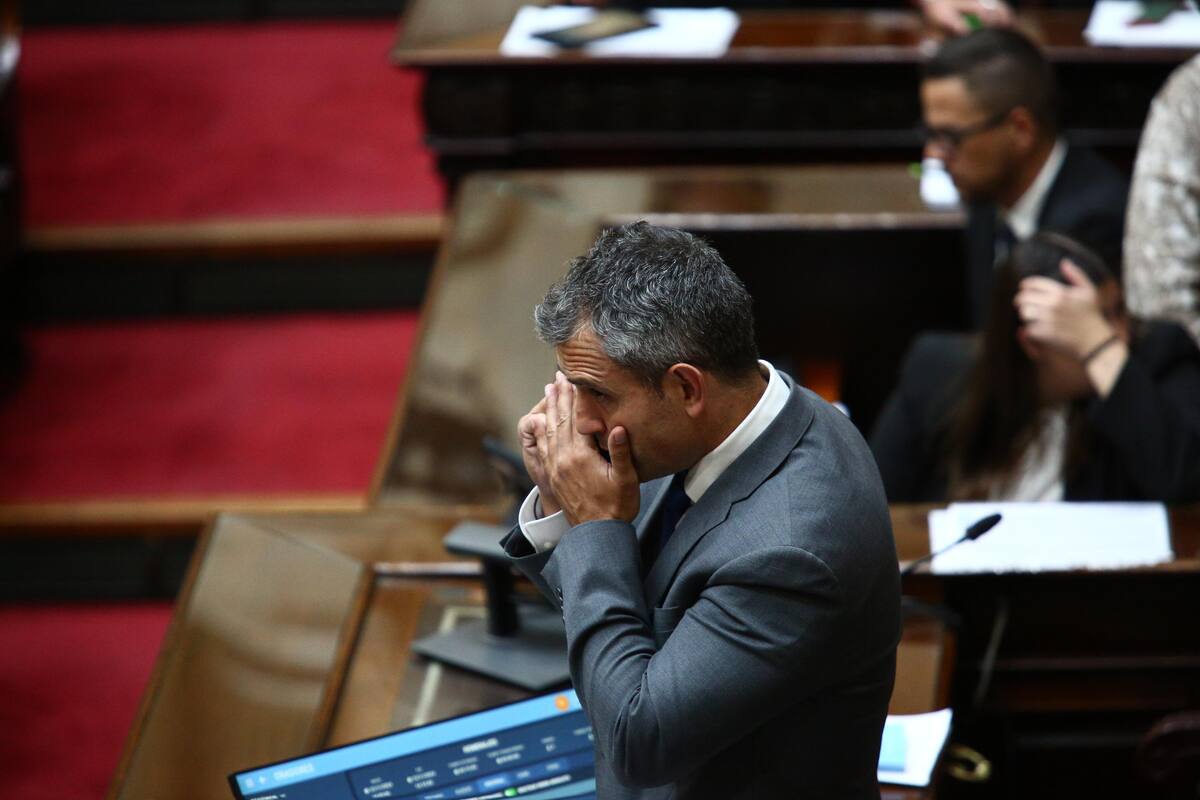 Martín Menem, titular de la Cámara de Diputados, con el teléfono en mano al comprobar que la sesión especial finalmente se postergó