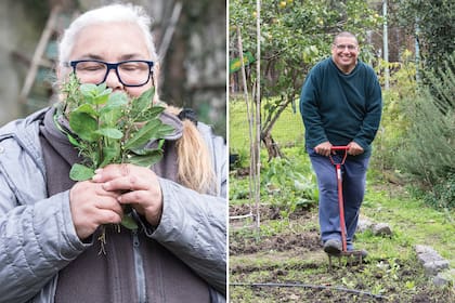 Martita, disfruta de los aromas de la cosecha. Der.: Gustavo, encargado de mantenimiento de la huerta