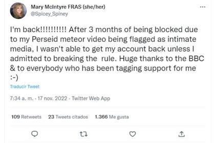 Mary McIntyre regresó a su cuenta de Twitter tres meses después de ser bloqueada por, supuestamente, haber subido una imagen de "contenido íntimo"