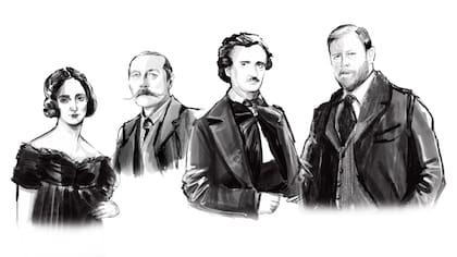 Mary Shelley, Arthur Conan Doyle, Edgar Allan Poe y Bran Stoker. Ilustración: Ariel Escalante