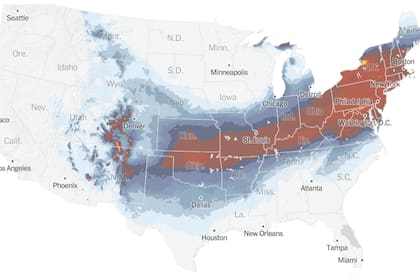 Más de 160 millones de personas están en la trayectoria de la tormenta que barrerá Estados Unidos. Pronóstico válido desde el 23 de enero hasta el 26 de enero (The New York Times)