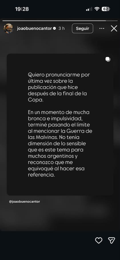 Más tarde, el artista pidió disculpas por el comentario sobre Malvinas