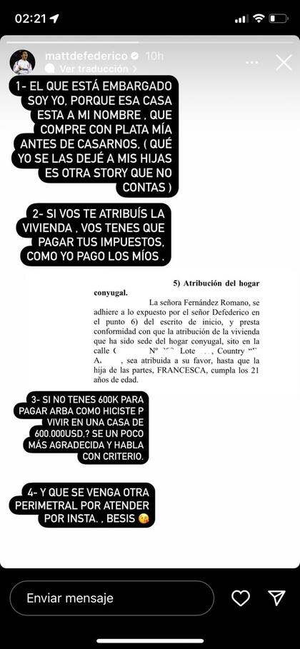 Matías Defederico cruzó a Cinthia Fernández: “¿Cómo hiciste para vivir en una casa de 600 mil dólares?”.