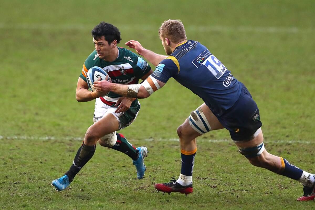 Matías Moroni en acción, con su nueva camiseta: la de Leicester Tigers.