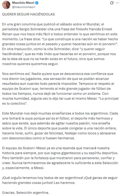 Mauricio Macri publicó un texto en el que valora lo logrado por la selección argentina
