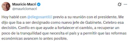 Mauricio Macri publicó un texto para celebrar la designación de Santilli