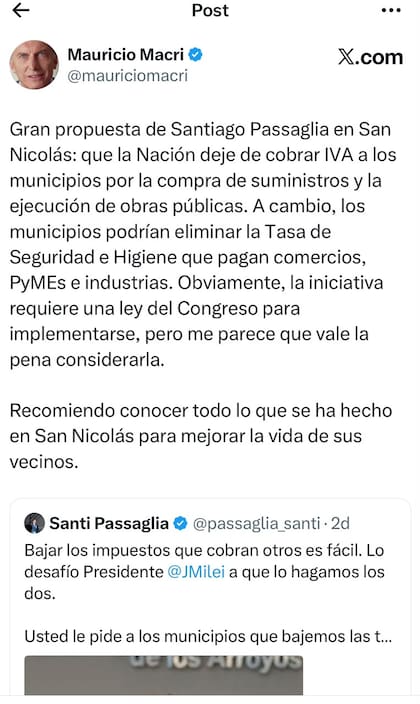 Mauricio Macri respondió al posteo de Passaglia pero más tarde borró esa publicación