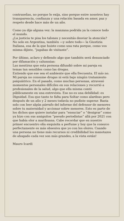 Mauro Icardi publicó un nuevo extenso comunicado en contra de Wanda Nara (Foto: Captura Instagram/@wanda_nara)