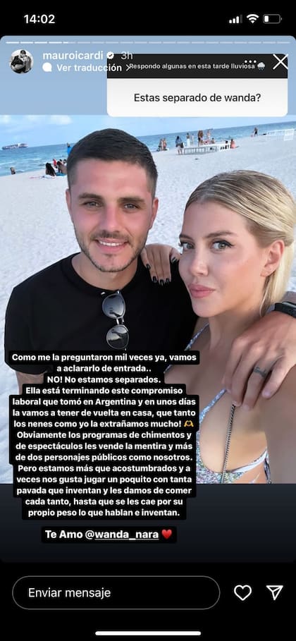Mauro Icardi continúa dedicándole románticos mensajes a Wanda Nara