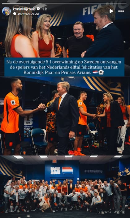 Máxima, Guillermo y Ariane pasaron por el vestuario a festejar la goleada 5-1 de Países Bajos ante Suecia