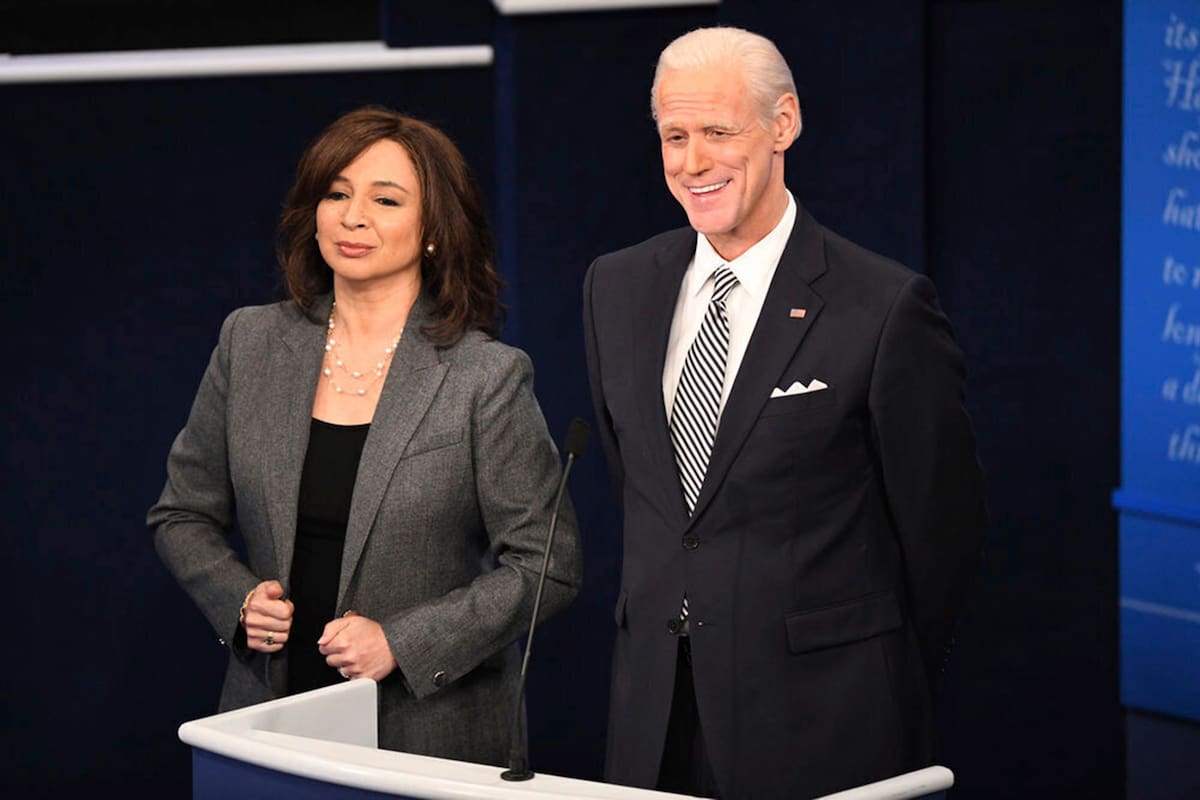 Maya Rudolph as Kamala Harris, left, and Jim Carrey as Joe Biden during the "First Debate" Cold Open on "Saturday Night Live