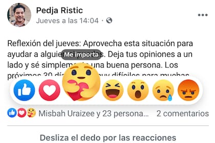 Me importa es la séptima reacción que Facebook suma a las opciones disponibles para que los usuarios puedan expresarse durante la crisis de la pandemia de coronavirus covid-19