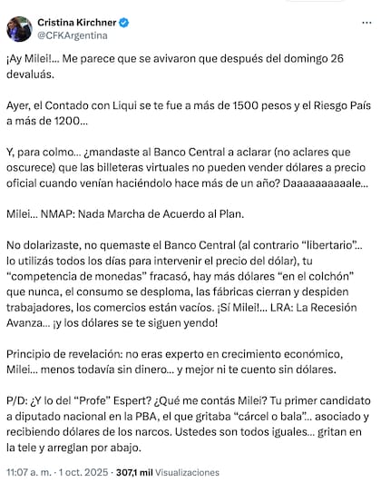 "Me parece que se avivaron que después del domingo 26 devaluás", afirmó la expresidenta