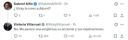 "Me parece una vergüenza su accionar y sus explicaciones", escribió Villarruel respecto de las declaraciones de Manuel Adorni