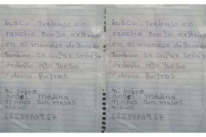 Medina hizo su CV a mano, lo pegó en los postes del tendido eléctrico y sus vecinos lo hicieron viral en las redes sociales