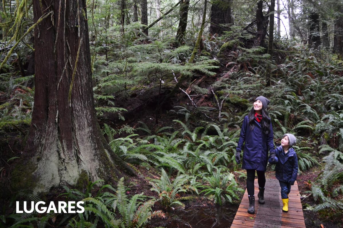 Melissa Lem paseando junto a su hijo en Kw'as Park, Cortes Island, Canadá.
