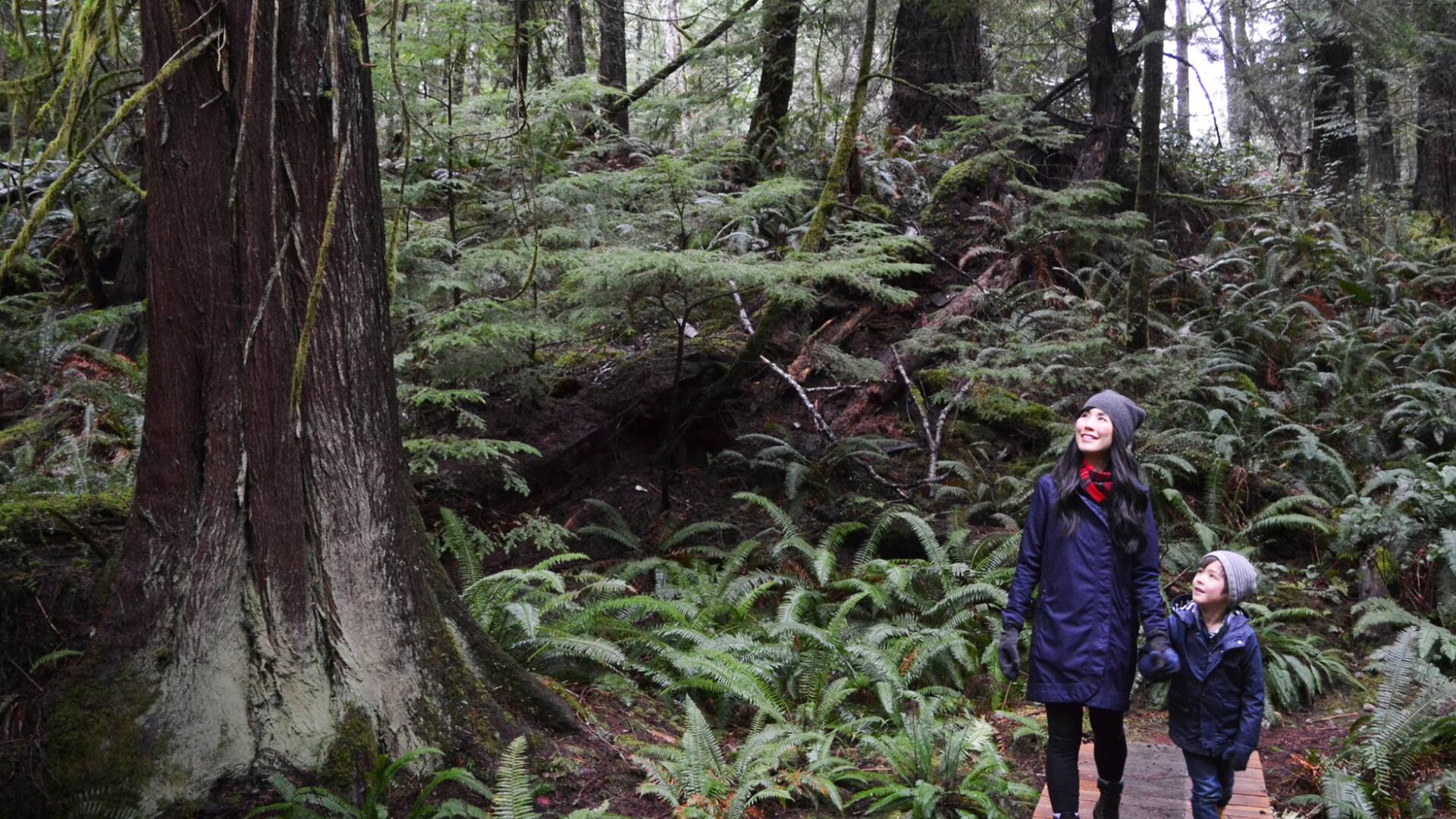 Melissa Lem paseando junto a su hijo en Kw'as Park, Cortes Island, Canadá.