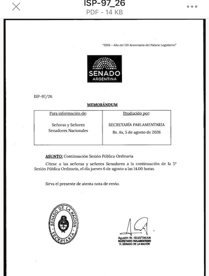 Memo de la citación a la sesión de mañana