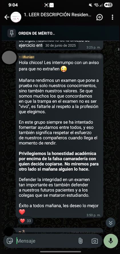 Mensaje de una médica a colegas un día antes del examen de residencias