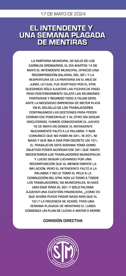 Mensaje del Sindicato de Trabajadores Municipales de Mar del Plata.