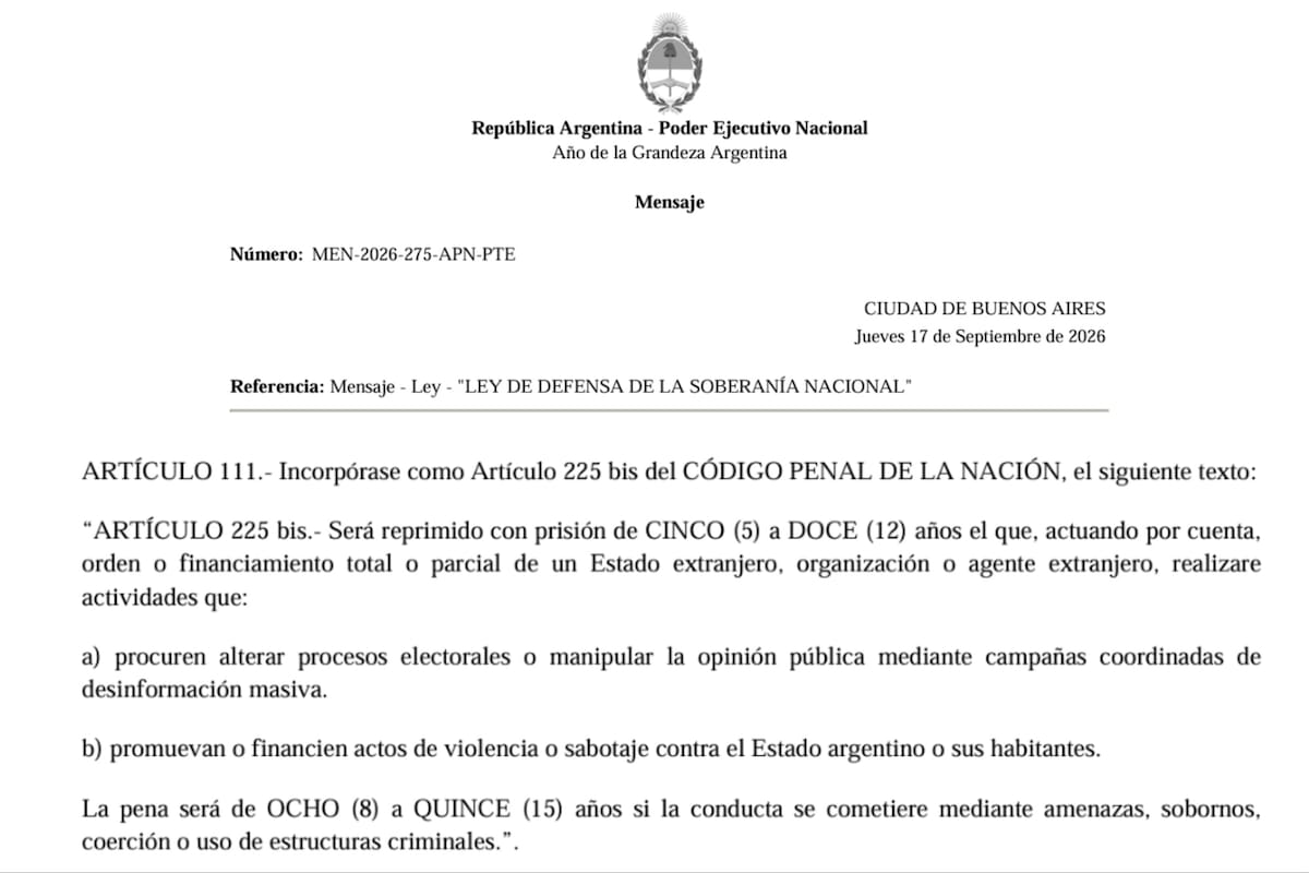 MENSAJE N° 275-2026 Proyecto de Ley de Defensa de la Soberanía