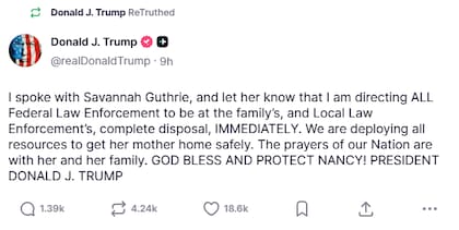 Mensaje publicado por Trump sobre su conversación con Savannah Guthrie. Fuente: Truth Social