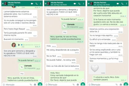 Mensajes de wassap entre Nicolás Pachelo y su abogada, Raquel Pérez Iglesias