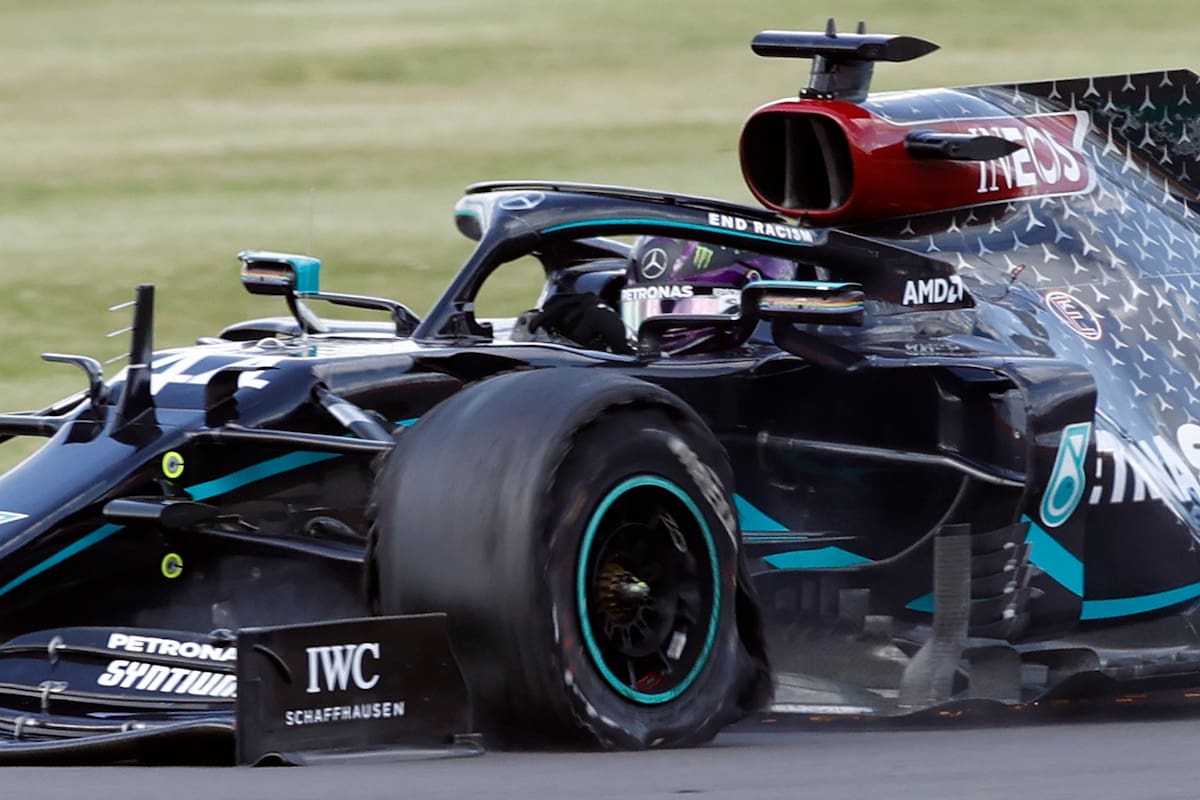 Mercedes British driver Lewis Hamilton punctures near the finish of the Formula One British Grand Prix at the Silverstone motor racing circuit in Silverstone, central England on August 2, 2020. - Lewis Hamilton wins record seventh British Grand Prix