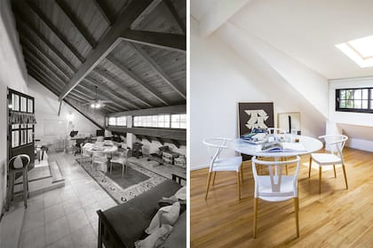 Mesa con tapa de mármol (Del Sur Design) y sillas tipo ‘Wishbone’ con patas de haya y asiento de polipropileno (Centro de Diseño Italiano). Apoyadas en el piso, obras de Pared Art.