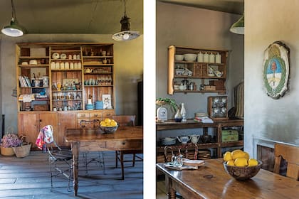 Mesa de campo (de Mercado Don Toto) y vajilla antigua (@somosculturaretro). Acabado cementicio gris en las paredes (Tarquini) y prácticos pisos de reconstituido granítico imitación madera le dan un aire rústico a la cocina.