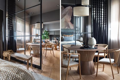 Mesa de comedor con sillas de tahuari (Intermobili para Orlando Deco). Lámparas colgantes en chapa y tela (Orlando Deco).