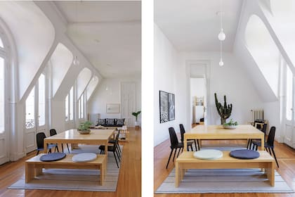 Mesa de comedor y bancos de álamo (Paraná Muebles) con almohadones redondos de lino y sillas ‘Nerd’ de plástico y metal (Mercado Libre). Alfombra rayada (Ikea)