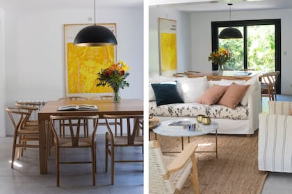 Mesa (Mariano Gaytan). Sillas 'Wishbone' (Kikely Muebles). Lámpara 'Domo' (Vint Market). Obra serie 'Bibliothèque' (Ricky Crespo Arte).