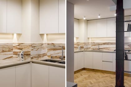 Mesada de cocina en Silestone ‘Rougui Lena’ (Eurostone). Alacena y bajomesadas (T-aller) laqueados en ‘Natural Linen’ (Sherwin Williams).